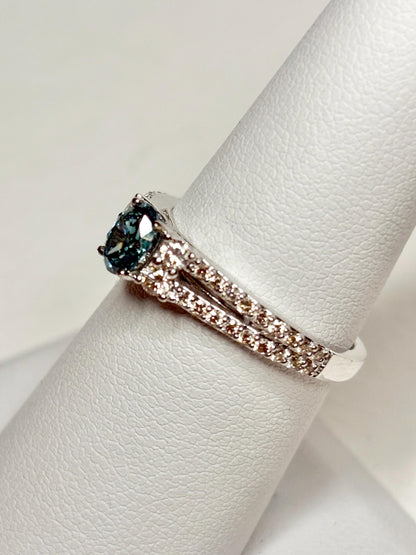 LeVian 14k white gold ring with a blue diamond and champagne diamonds.