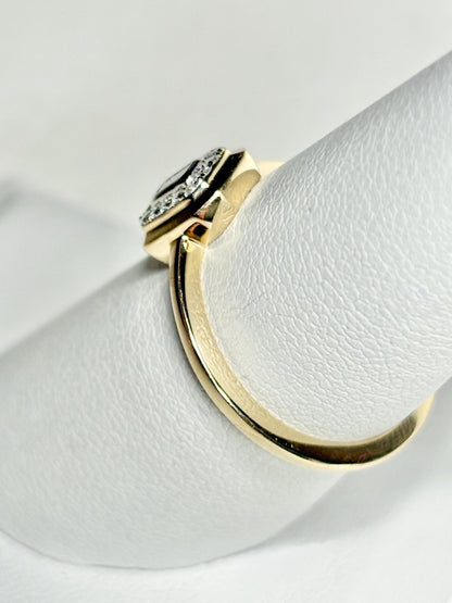 Effy 14k yellow gold ring with bezel-set baguette and diamond halo.