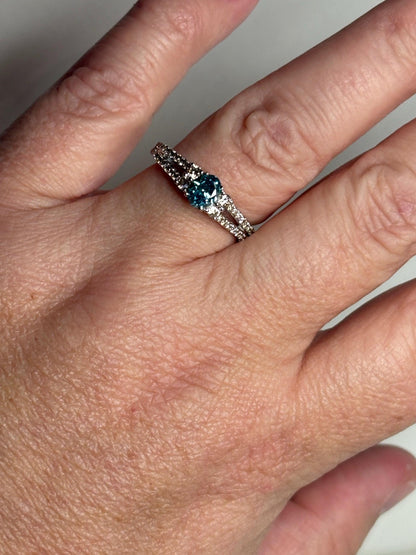 LeVian 14k white gold ring with a blue diamond and champagne diamonds.