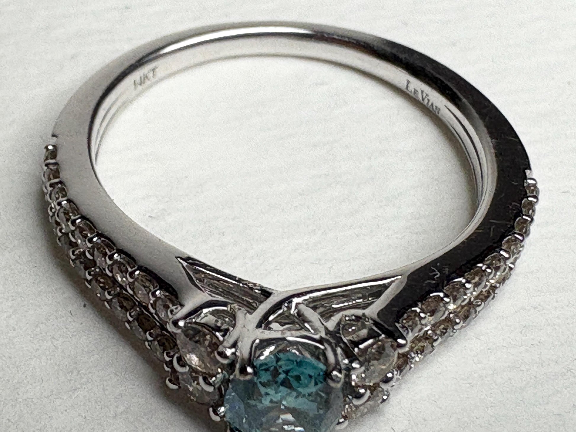 LeVian 14k white gold ring with blue and champagne diamonds.