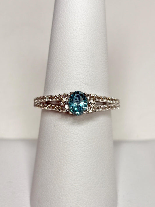 LeVian 14k white gold ring with a blue diamond and champagne diamonds.
