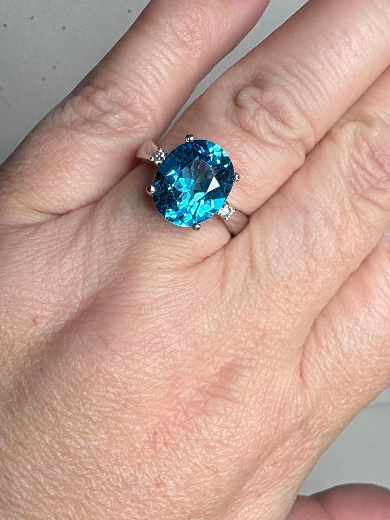 Swiss Blue Topaz and Diamond ring in Solid 14k White Gold size 7 - NewLifeJewelryVault