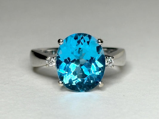 Swiss Blue Topaz and Diamond ring in Solid 14k White Gold size 7 - NewLifeJewelryVault