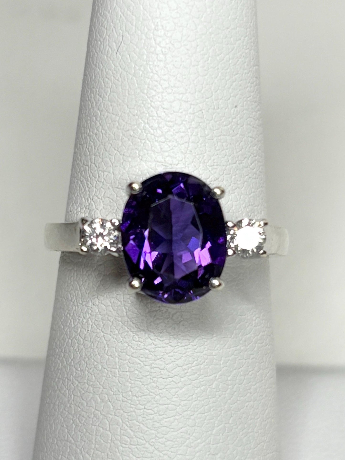 Amethyst and Diamond Ring Solid 18k White Gold Ring size 6.75