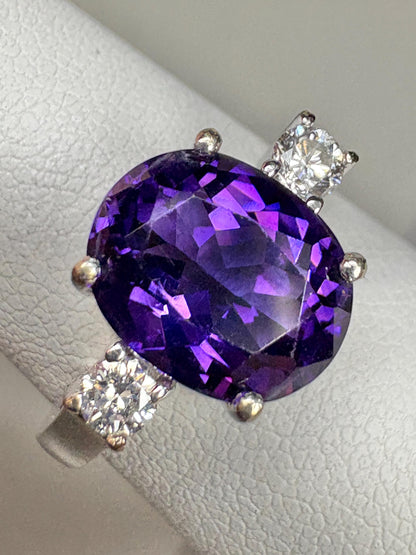 Amethyst and Diamond Ring Solid 18k White Gold Ring size 6.75