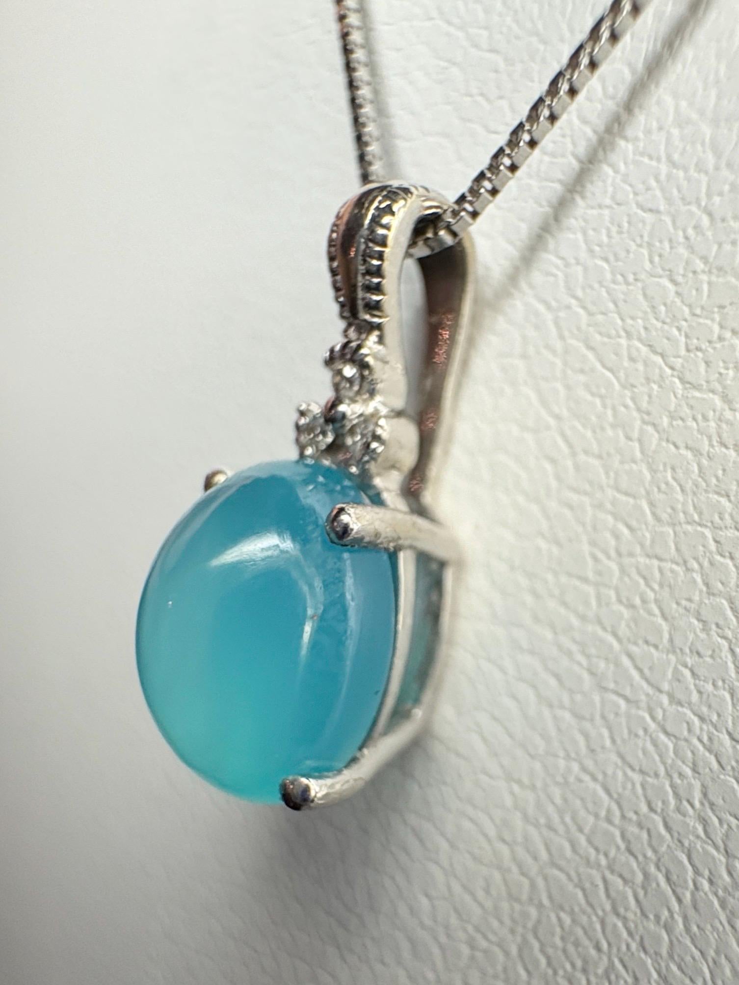 Paraiba Brazilian Chalcedony Diamond Pendant Necklace Solid 14k White Gold with 10k Chain 18" - NewLifeJewelryVault