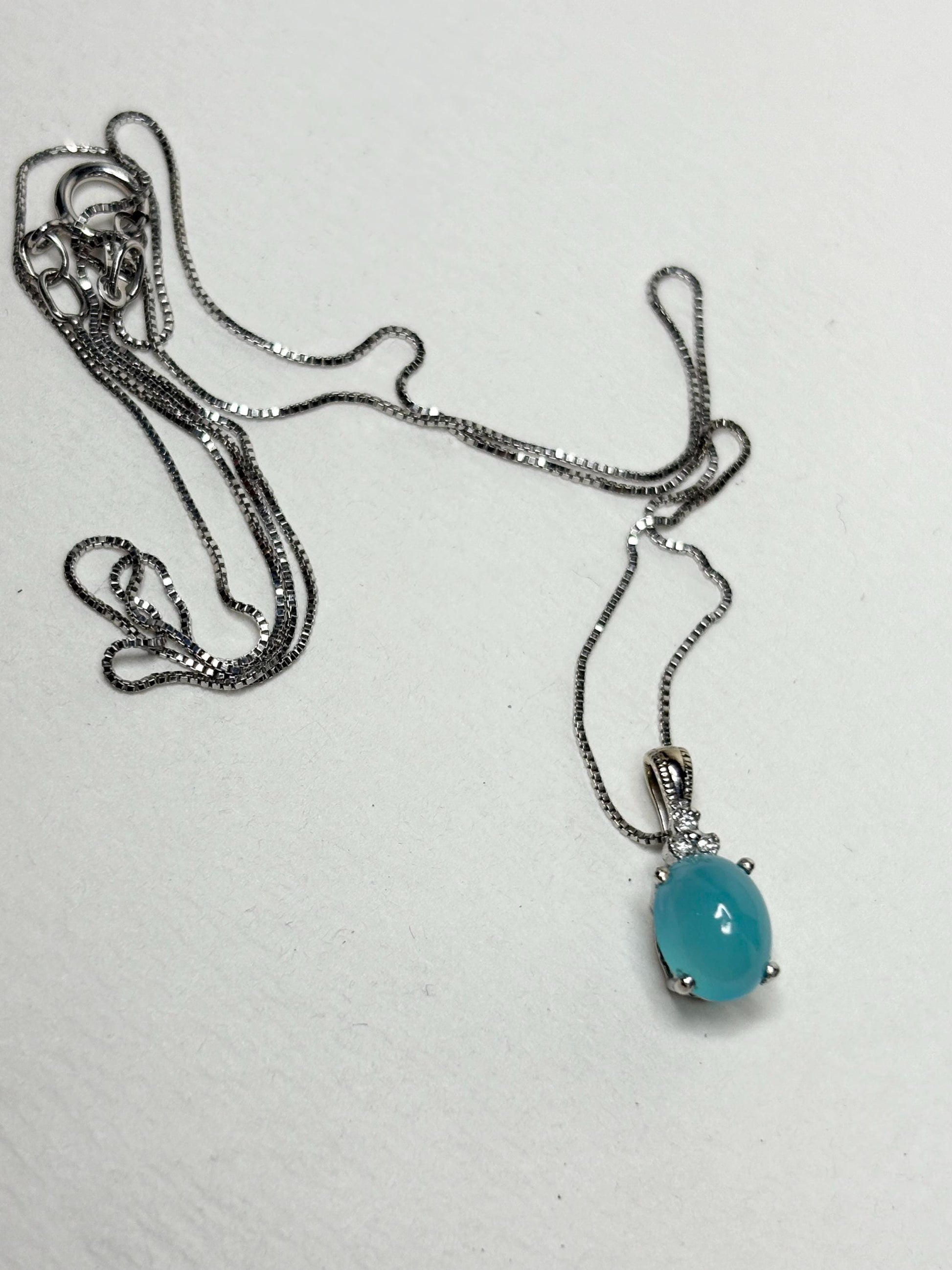 Paraiba Brazilian Chalcedony Diamond Pendant Necklace Solid 14k White Gold with 10k Chain 18" - NewLifeJewelryVault