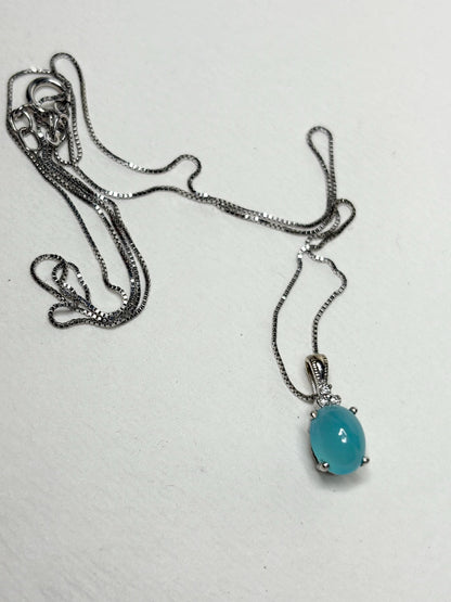 Paraiba Brazilian Chalcedony Diamond Pendant Necklace Solid 14k White Gold with 10k Chain 18" - NewLifeJewelryVault