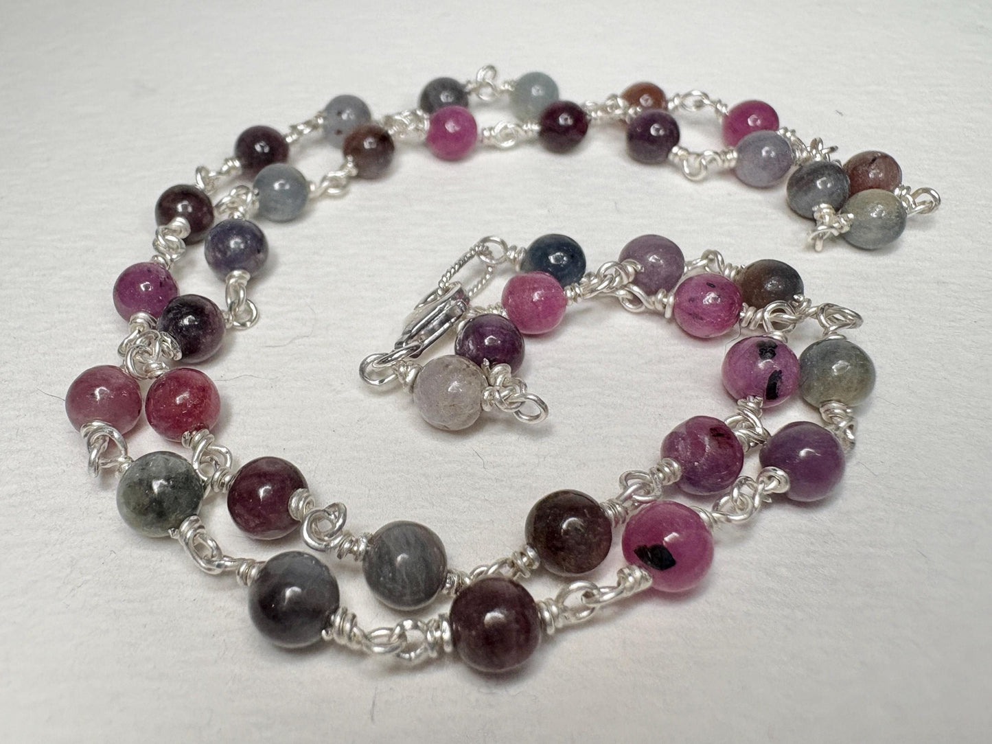 Natural Multi Color Sapphire Beaded Necklace in Sterling Silver 17.5" - NewLifeJewelryVault