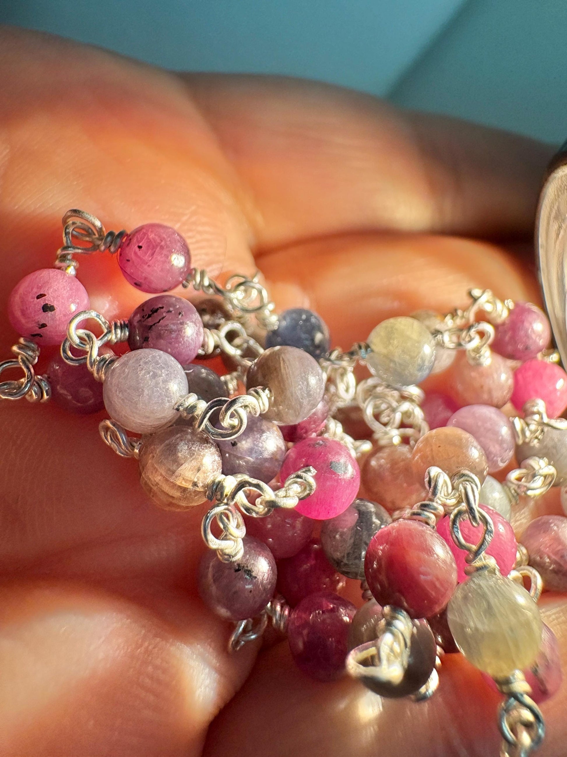 Natural Multi Color Sapphire Beaded Necklace in Sterling Silver 17.5" - NewLifeJewelryVault