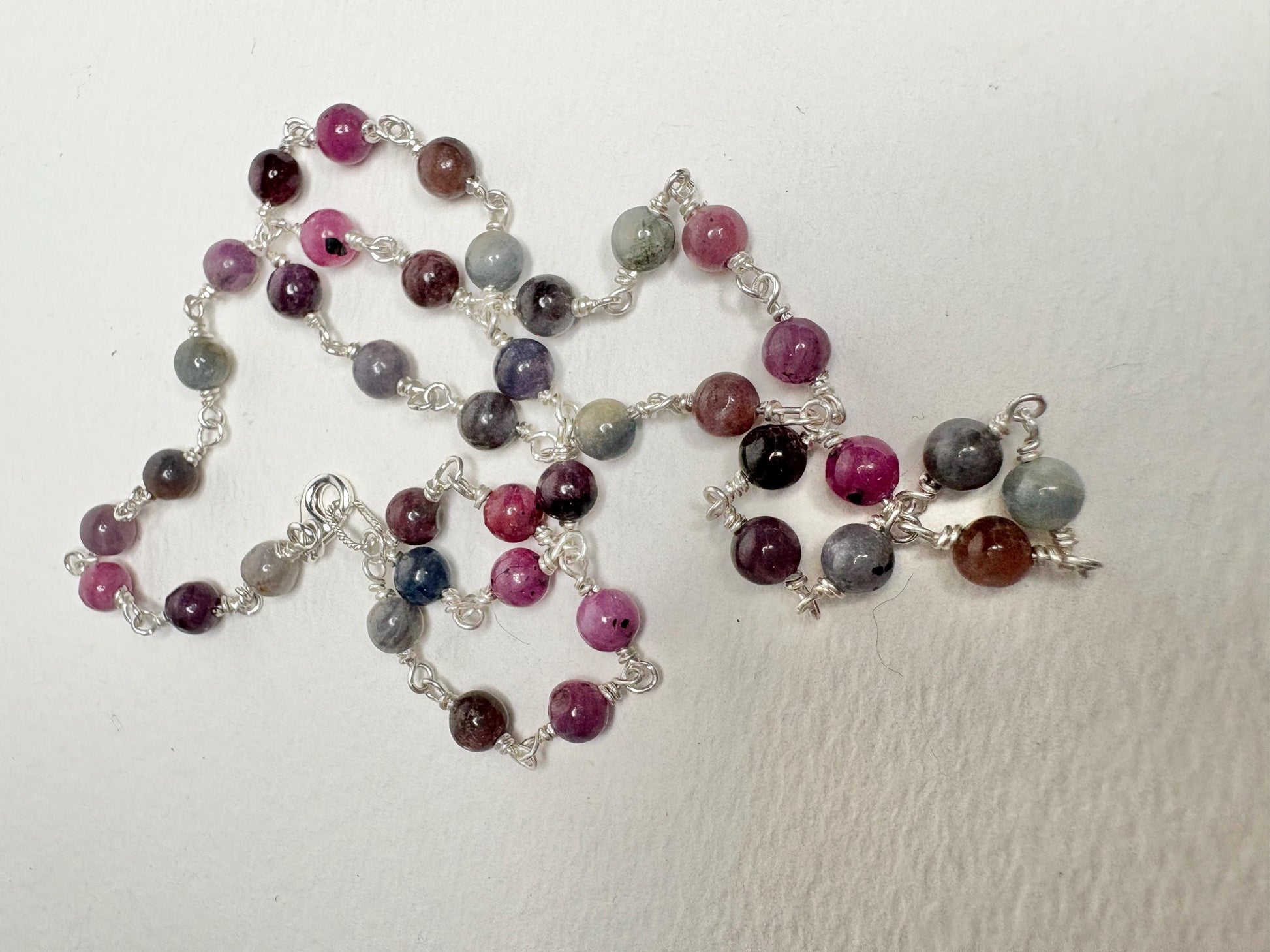 Natural Multi Color Sapphire Beaded Necklace in Sterling Silver 17.5" - NewLifeJewelryVault