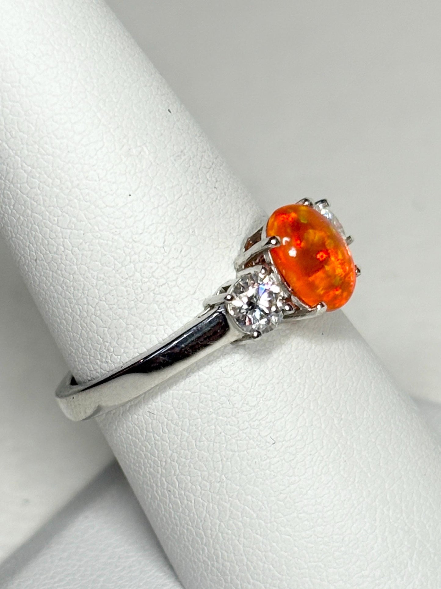 Orange Ethiopian Opal and Moissanite Ring in Sterling Silver size 8 - NewLifeJewelryVault