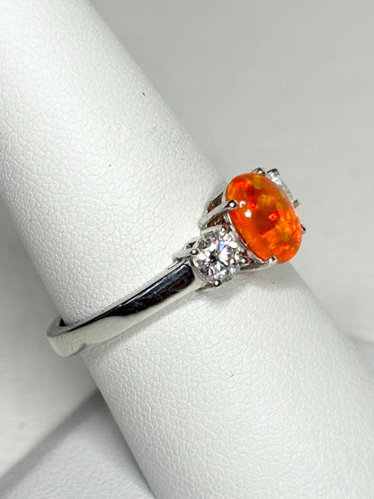 Orange Ethiopian Opal and Moissanite Ring in Sterling Silver size 8 - NewLifeJewelryVault