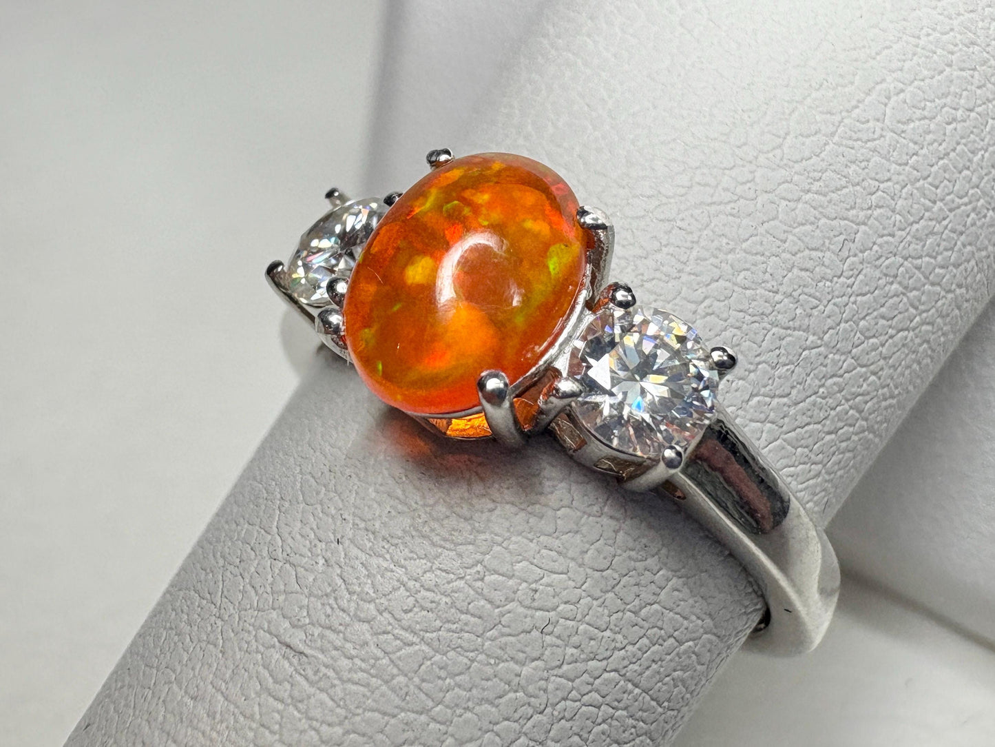 Orange Ethiopian Opal and Moissanite Ring in Sterling Silver size 8 - NewLifeJewelryVault