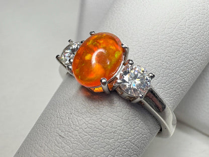Orange Ethiopian Opal and Moissanite Ring in Sterling Silver size 8 - NewLifeJewelryVault