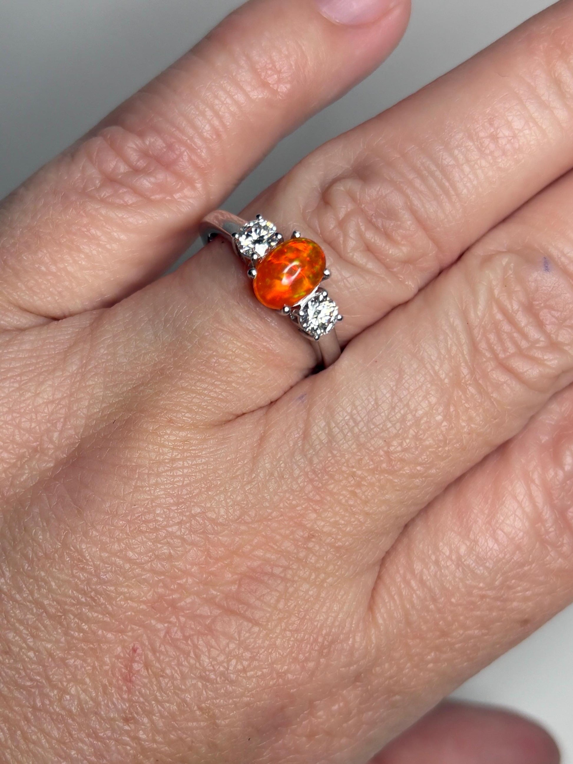Orange Ethiopian Opal and Moissanite Ring in Sterling Silver size 8 - NewLifeJewelryVault