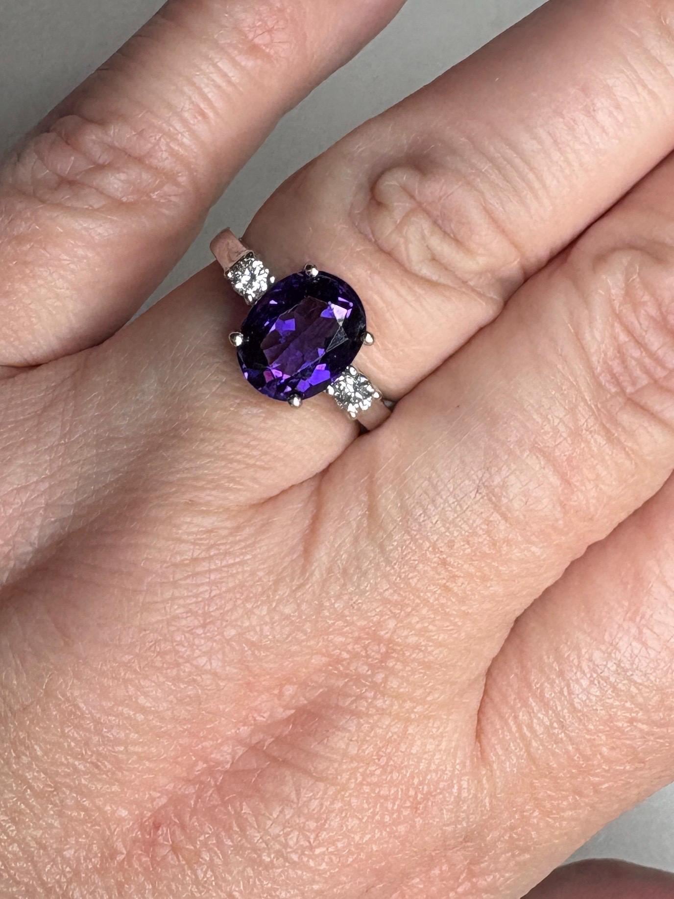 Amethyst and Diamond Ring Solid 18k White Gold Ring size 6.75