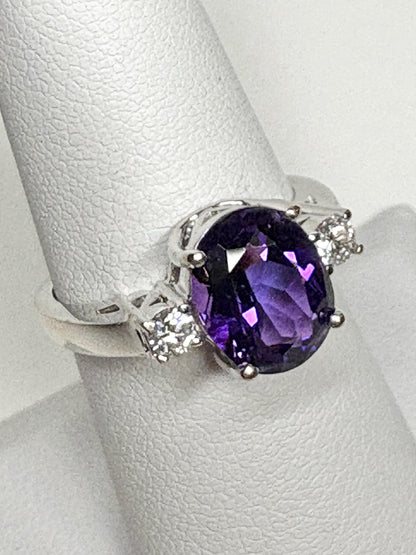 Amethyst and Diamond Ring Solid 18k White Gold Ring size 6.75