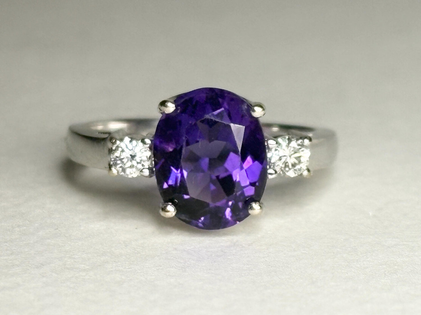 Amethyst and Diamond Ring Solid 18k White Gold Ring size 6.75