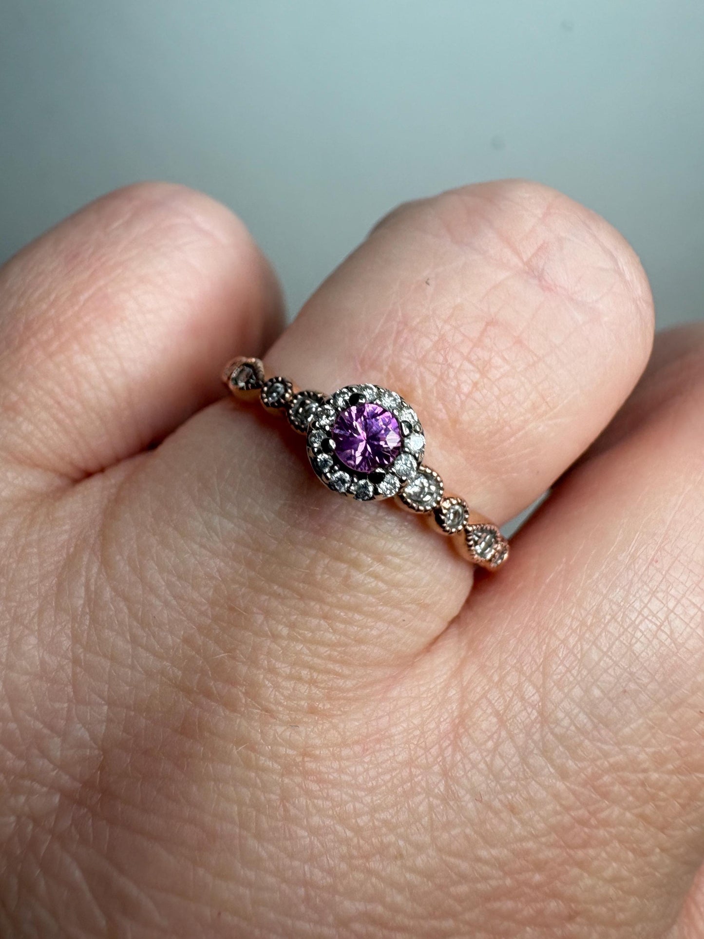 Natural Vivid Pink Sapphire Diamond Halo Ring Solid 10k Rose Gold size 8 - NewLifeJewelryVault