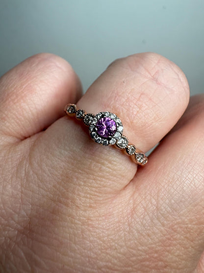 Natural Vivid Pink Sapphire Diamond Halo Ring Solid 10k Rose Gold size 8 - NewLifeJewelryVault
