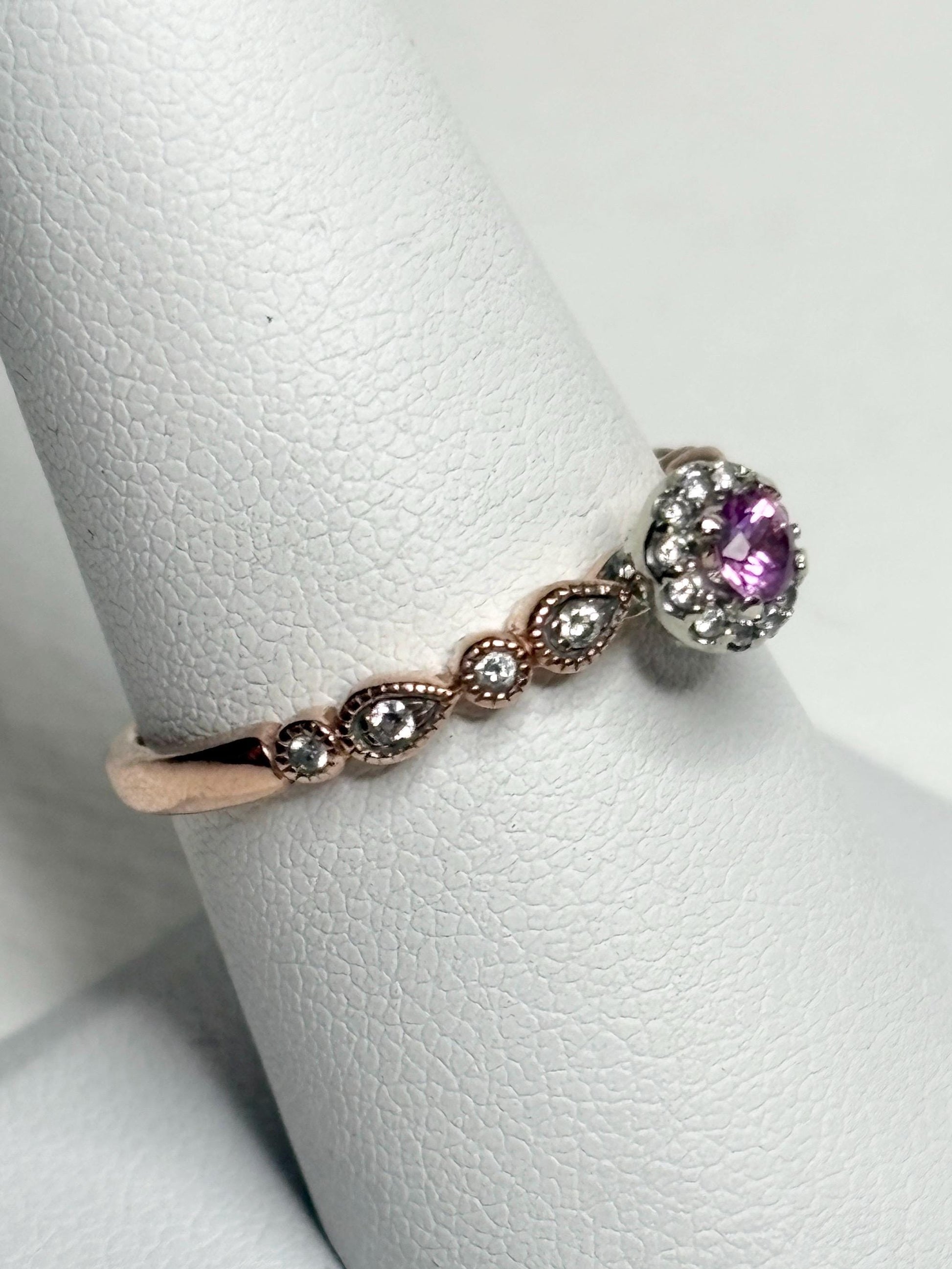 Natural Vivid Pink Sapphire Diamond Halo Ring Solid 10k Rose Gold size 8 - NewLifeJewelryVault