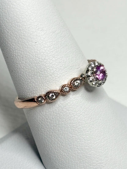 Natural Vivid Pink Sapphire Diamond Halo Ring Solid 10k Rose Gold size 8 - NewLifeJewelryVault