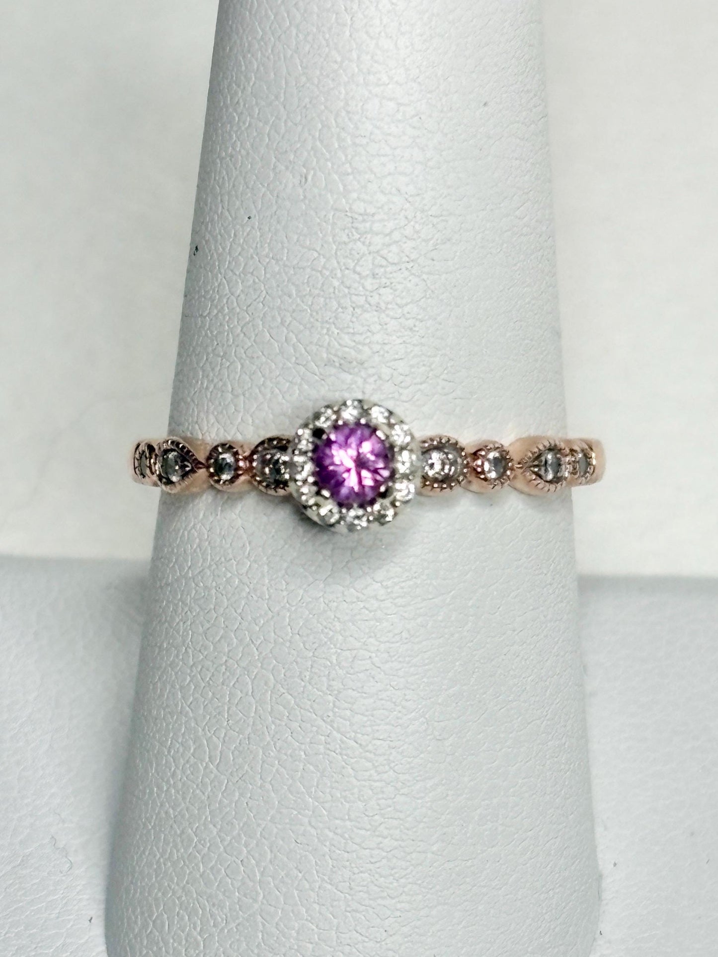 Natural Vivid Pink Sapphire Diamond Halo Ring Solid 10k Rose Gold size 8 - NewLifeJewelryVault