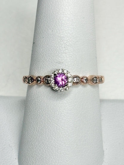 Natural Vivid Pink Sapphire Diamond Halo Ring Solid 10k Rose Gold size 8 - NewLifeJewelryVault