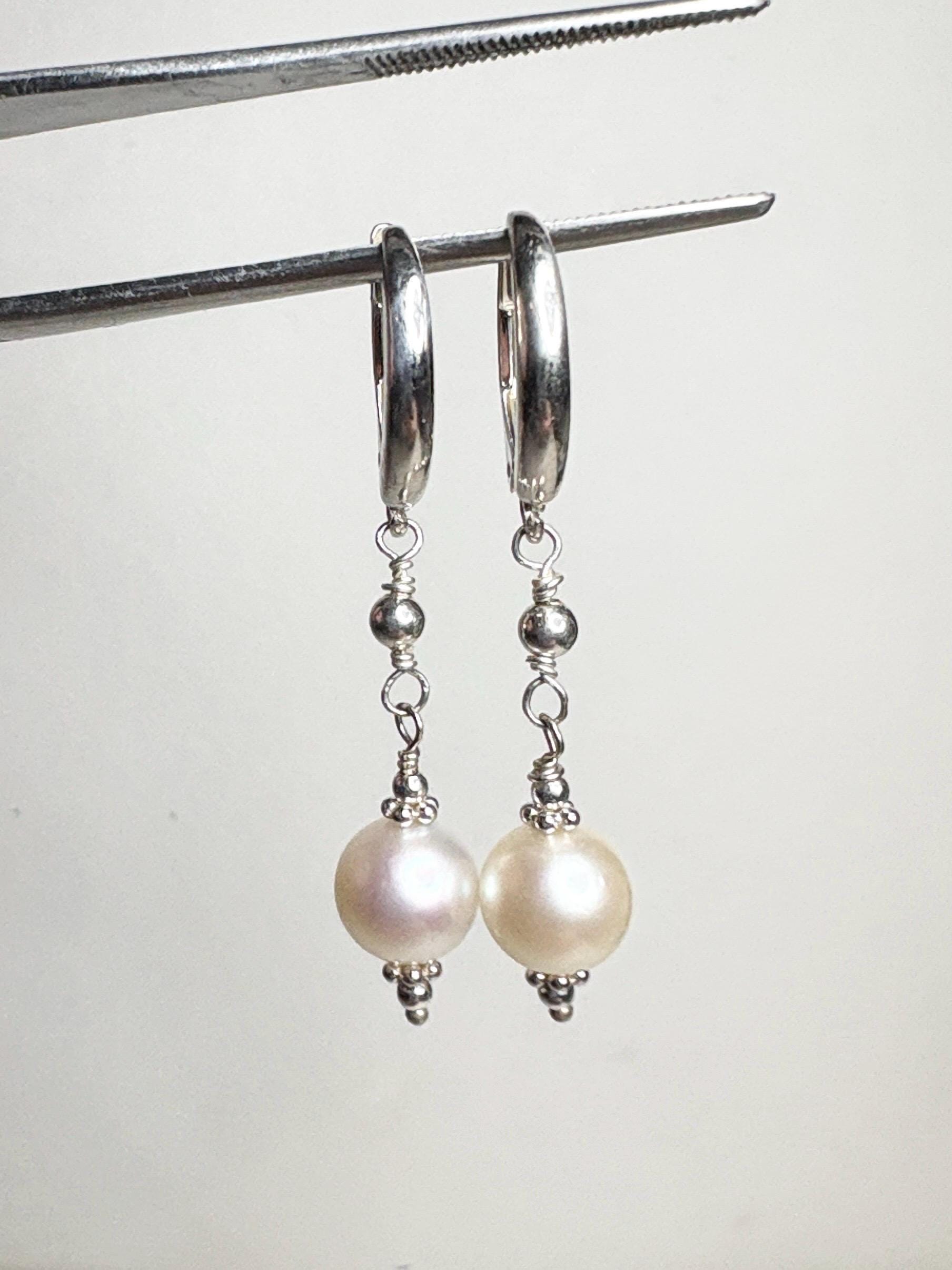 Akoya Pearl Dangle Drop Earrings in Sterling Silver Lever Back 8mm - NewLifeJewelryVault