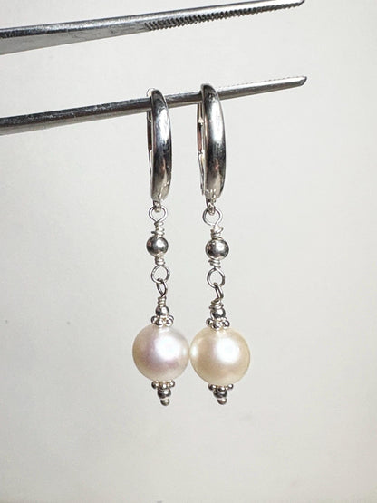 Akoya Pearl Dangle Drop Earrings in Sterling Silver Lever Back 8mm - NewLifeJewelryVault