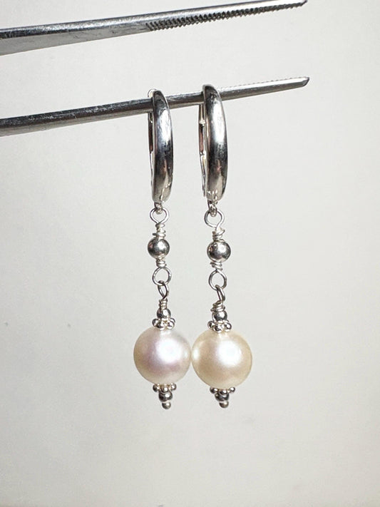 Akoya Pearl Dangle Drop Earrings in Sterling Silver Lever Back 8mm - NewLifeJewelryVault