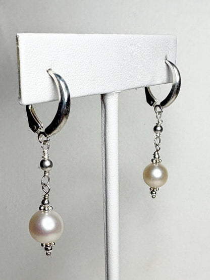 Akoya Pearl Dangle Drop Earrings in Sterling Silver Lever Back 8mm - NewLifeJewelryVault