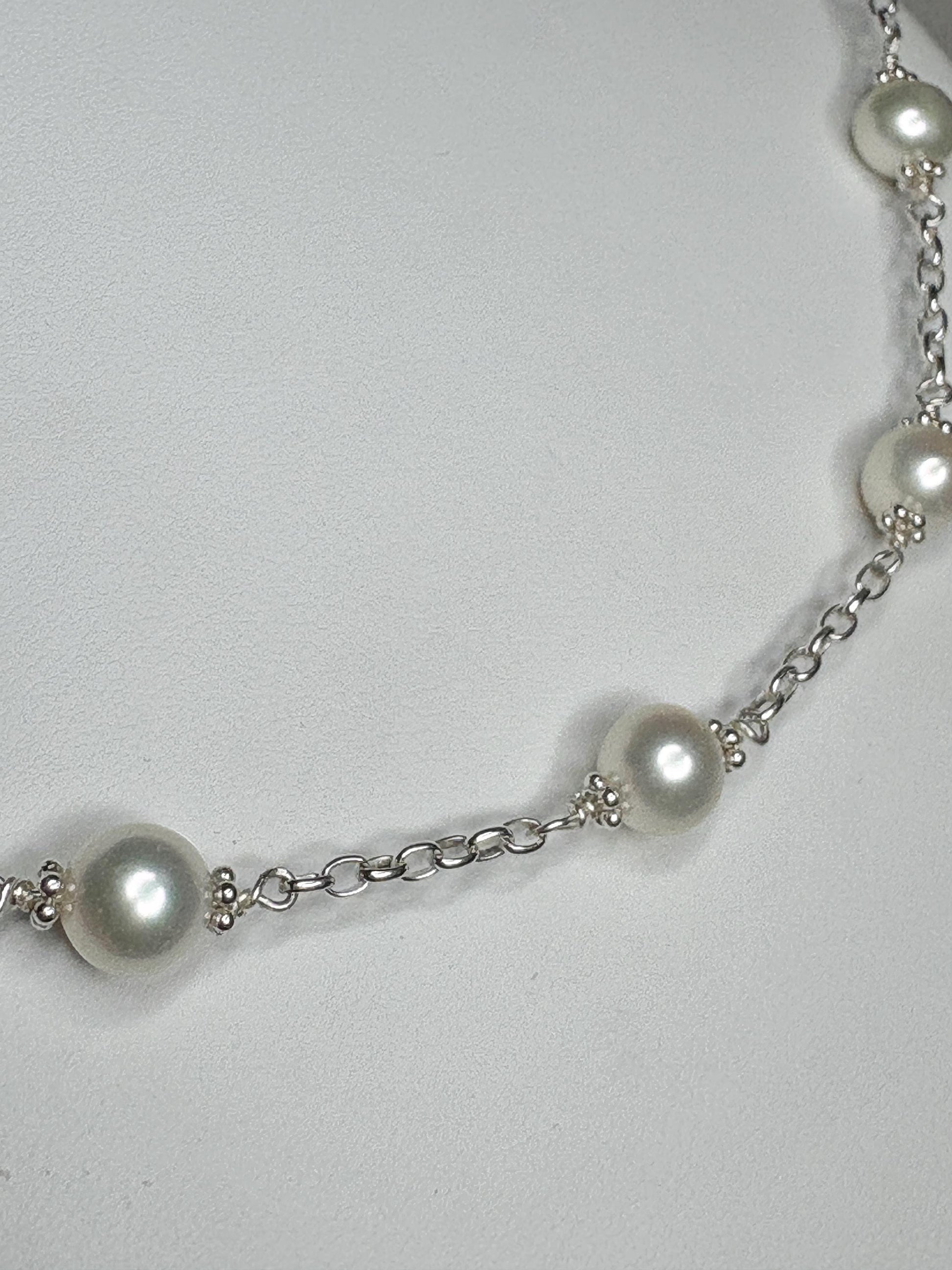 Cultured Freshwater Pearl Station Necklace in Sterling Silver 19" - NewLifeJewelryVault