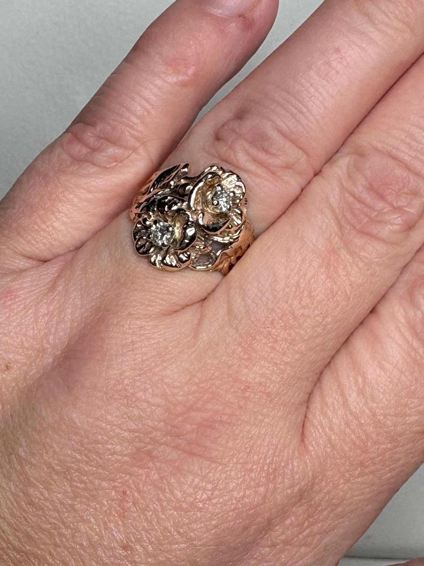 Mid Century or Retro Rose Diamond Ring Solid 14k Gold 6.2g size 7.25 - NewLifeJewelryVault