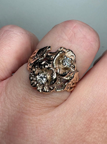 Mid Century or Retro Rose Diamond Ring Solid 14k Gold 6.2g size 7.25 - NewLifeJewelryVault