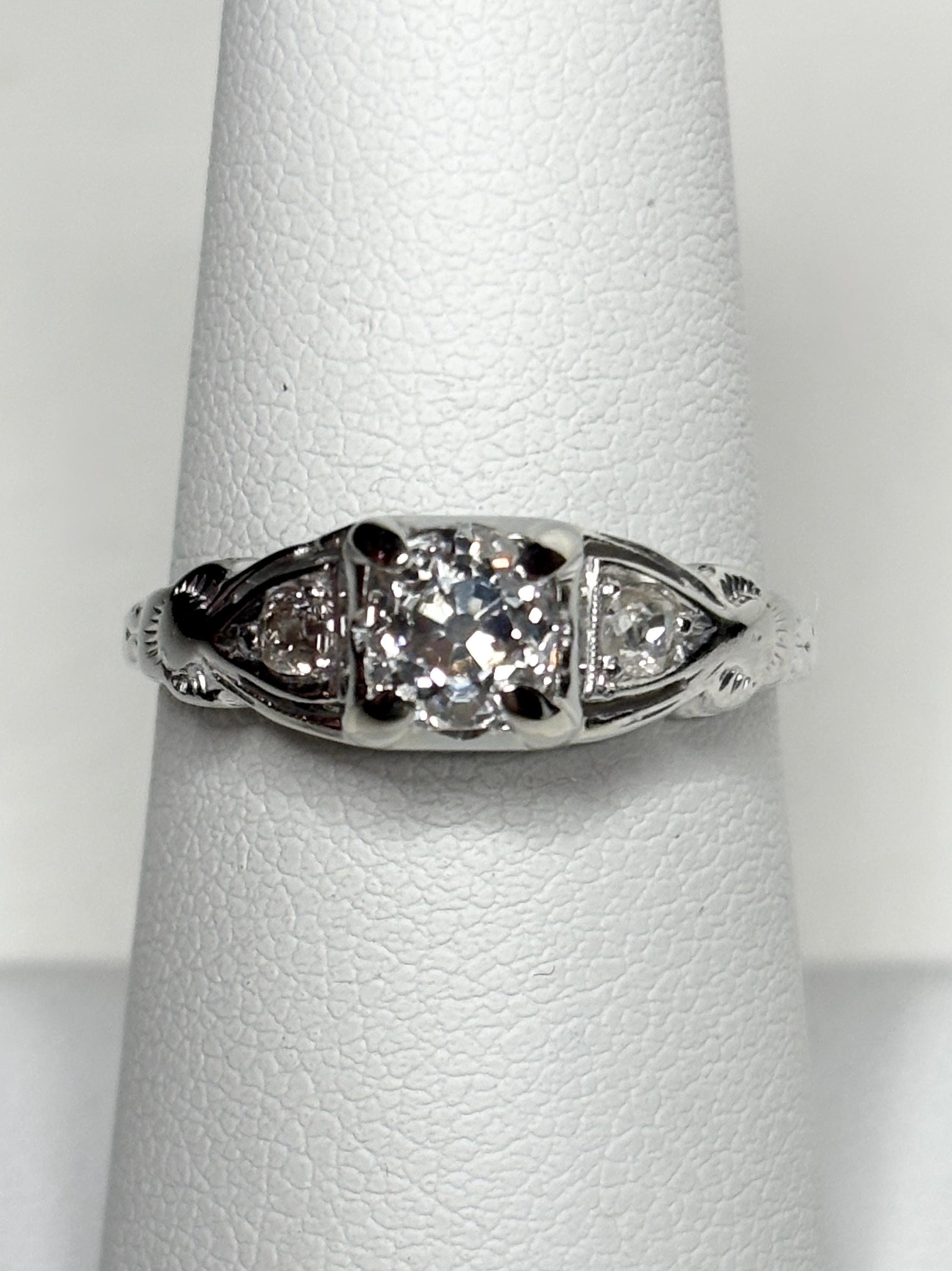 Art Deco Old Miner's Cut Diamond Trilogy Ring in Solid 18k White Gold size 7.25 - NewLifeJewelryVault