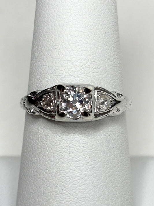 Art Deco Old Miner's Cut Diamond Trilogy Ring in Solid 18k White Gold size 7.25 - NewLifeJewelryVault
