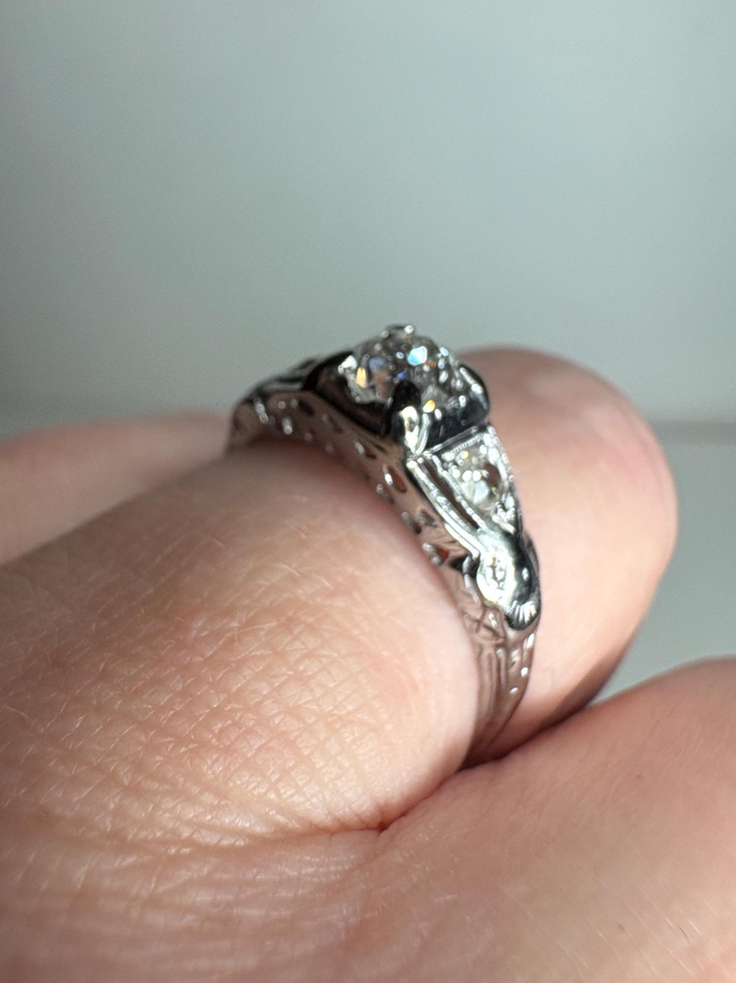 Art Deco Old Miner's Cut Diamond Trilogy Ring in Solid 18k White Gold size 7.25 - NewLifeJewelryVault