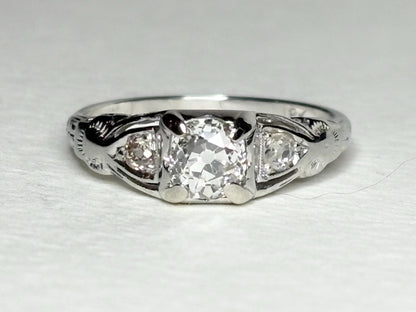 Art Deco Old Miner's Cut Diamond Trilogy Ring in Solid 18k White Gold size 7.25 - NewLifeJewelryVault