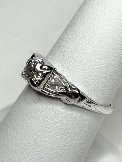 Art Deco Old Miner's Cut Diamond Trilogy Ring in Solid 18k White Gold size 7.25 - NewLifeJewelryVault