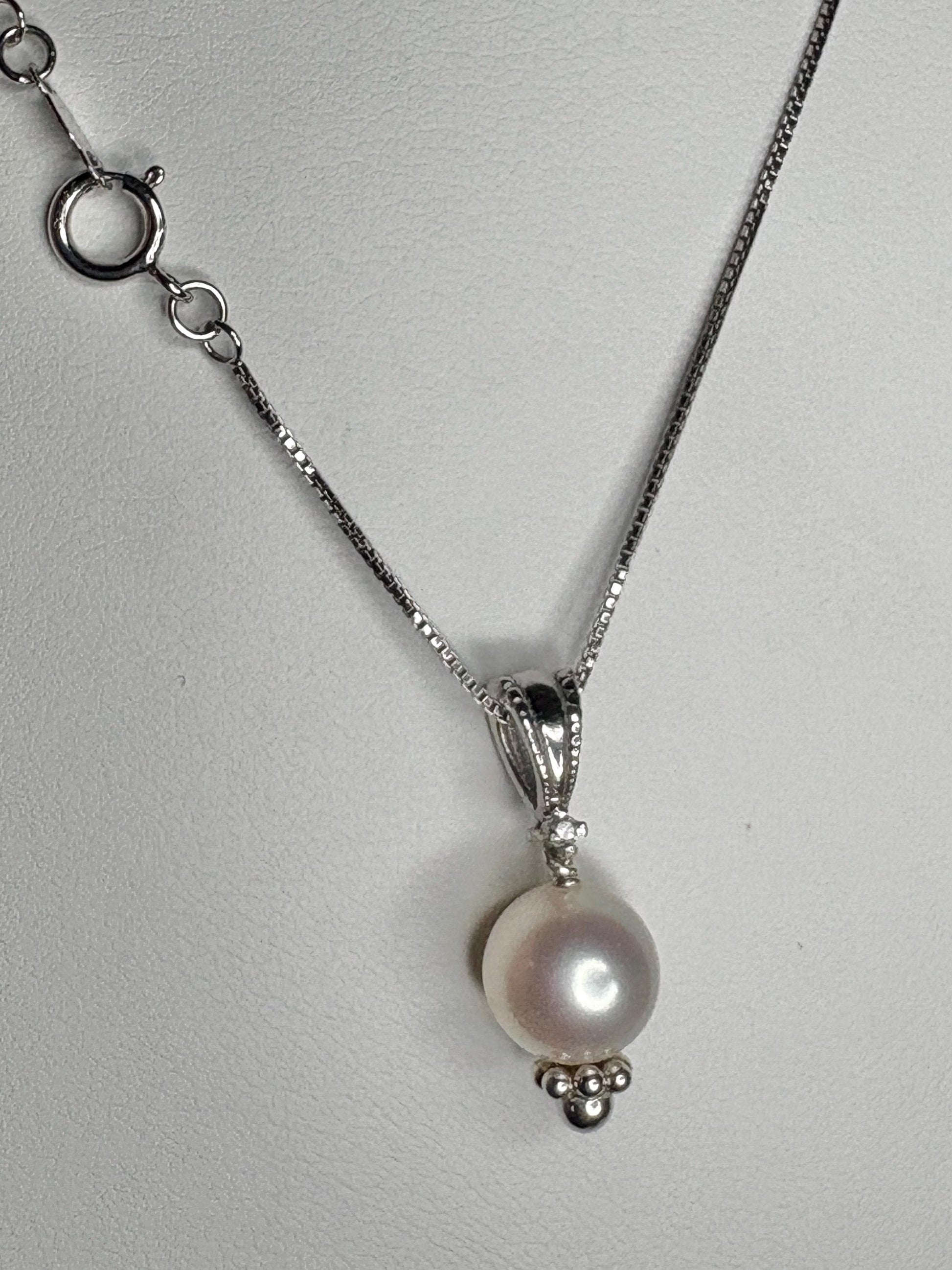 Akoya Cultured Pearl and Diamond Pendant Necklace in Sterling Silver 18" - NewLifeJewelryVault