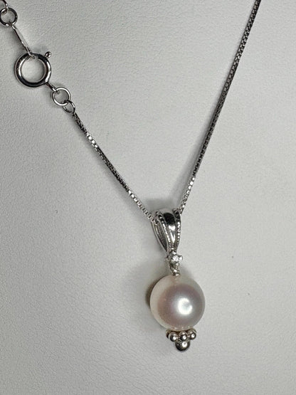 Akoya Cultured Pearl and Diamond Pendant Necklace in Sterling Silver 18" - NewLifeJewelryVault