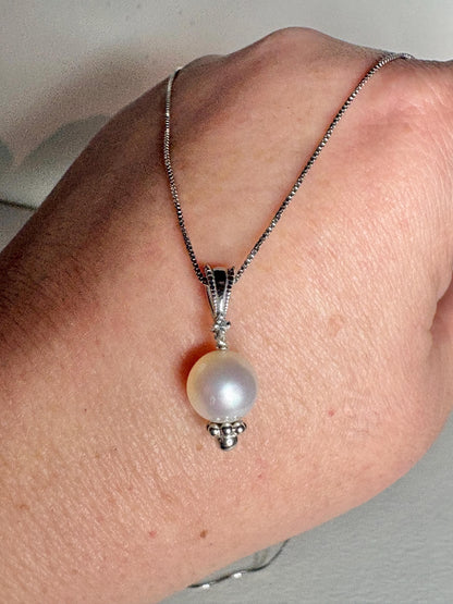 Akoya Cultured Pearl and Diamond Pendant Necklace in Sterling Silver 18" - NewLifeJewelryVault