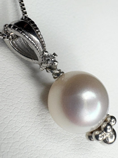 Akoya Cultured Pearl and Diamond Pendant Necklace in Sterling Silver 18" - NewLifeJewelryVault