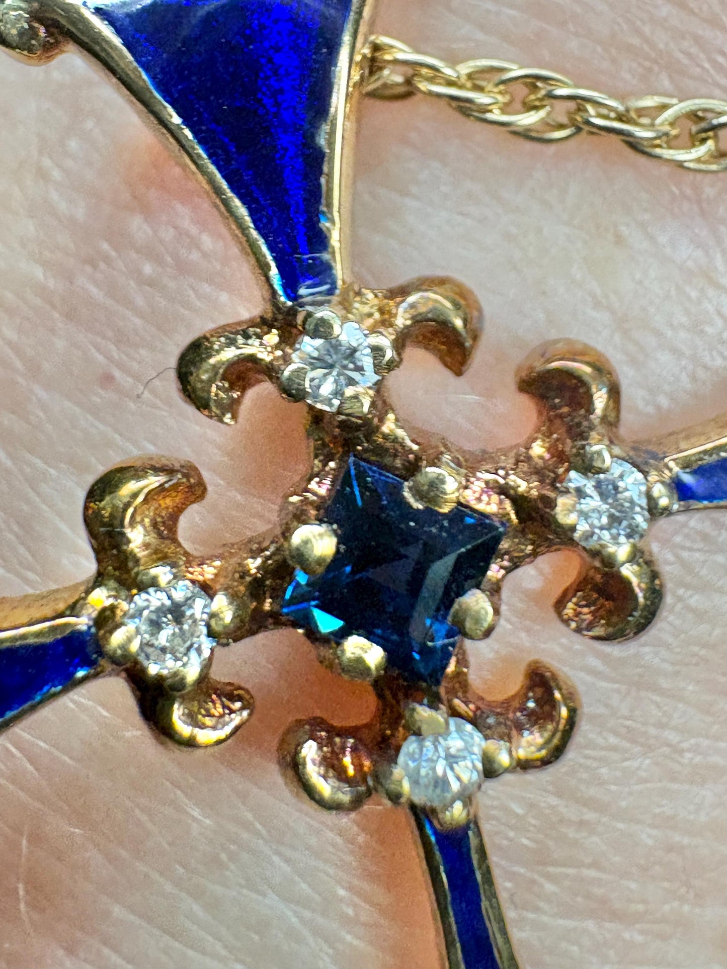 Blue House of Igor Carl Faberge Cross Pendant Necklace Akoya Pearl, Sapphire, Diamond, Guilloche in Solid 14k Gold 18" - NewLifeJewelryVault