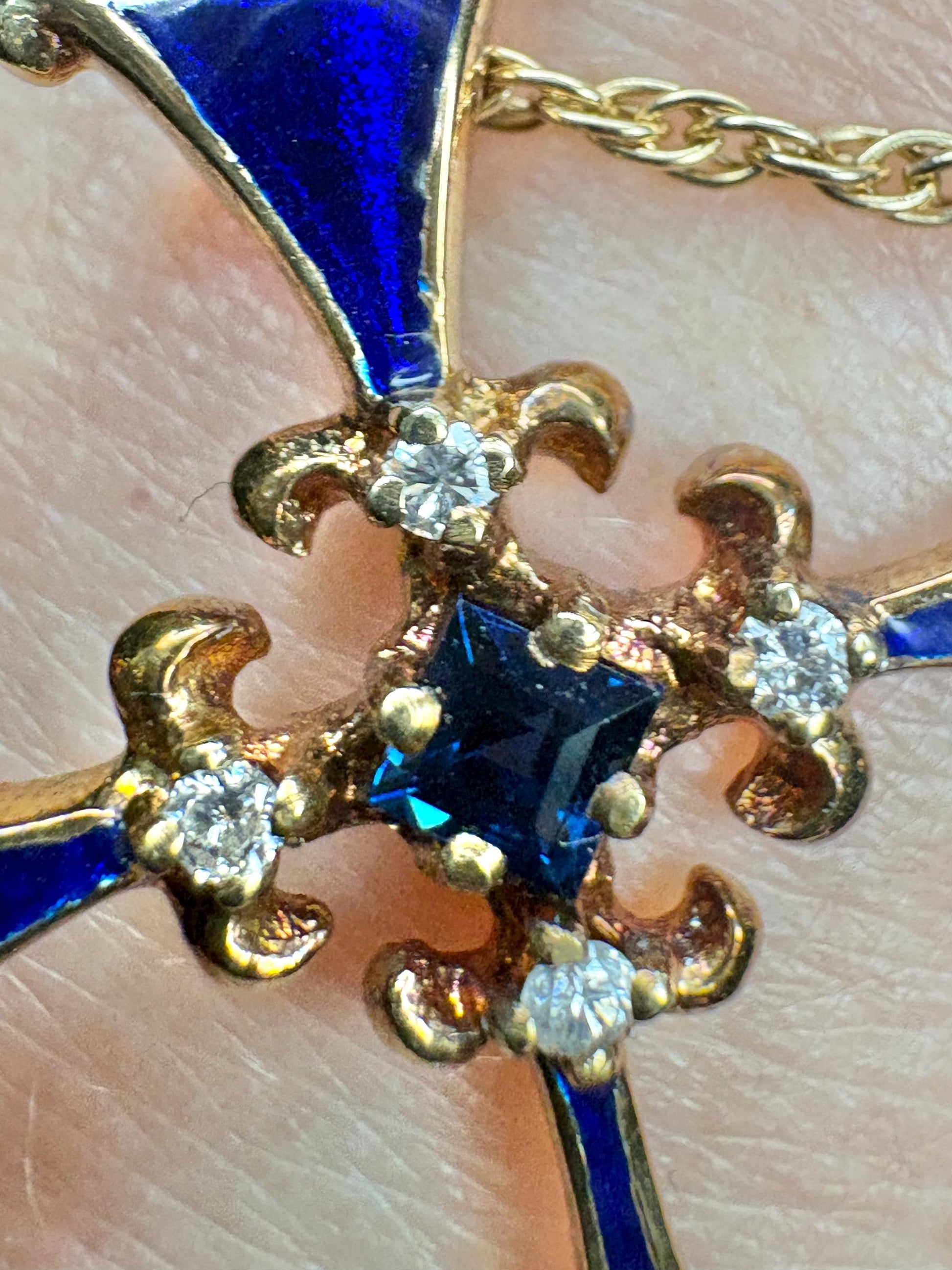 Blue House of Igor Carl Faberge Cross Pendant Necklace Akoya Pearl, Sapphire, Diamond, Guilloche in Solid 14k Gold 18" - NewLifeJewelryVault