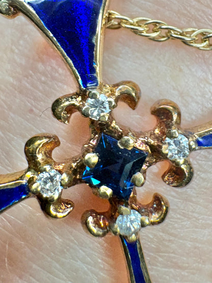 Blue House of Igor Carl Faberge Cross Pendant Necklace Akoya Pearl, Sapphire, Diamond, Guilloche in Solid 14k Gold 18" - NewLifeJewelryVault