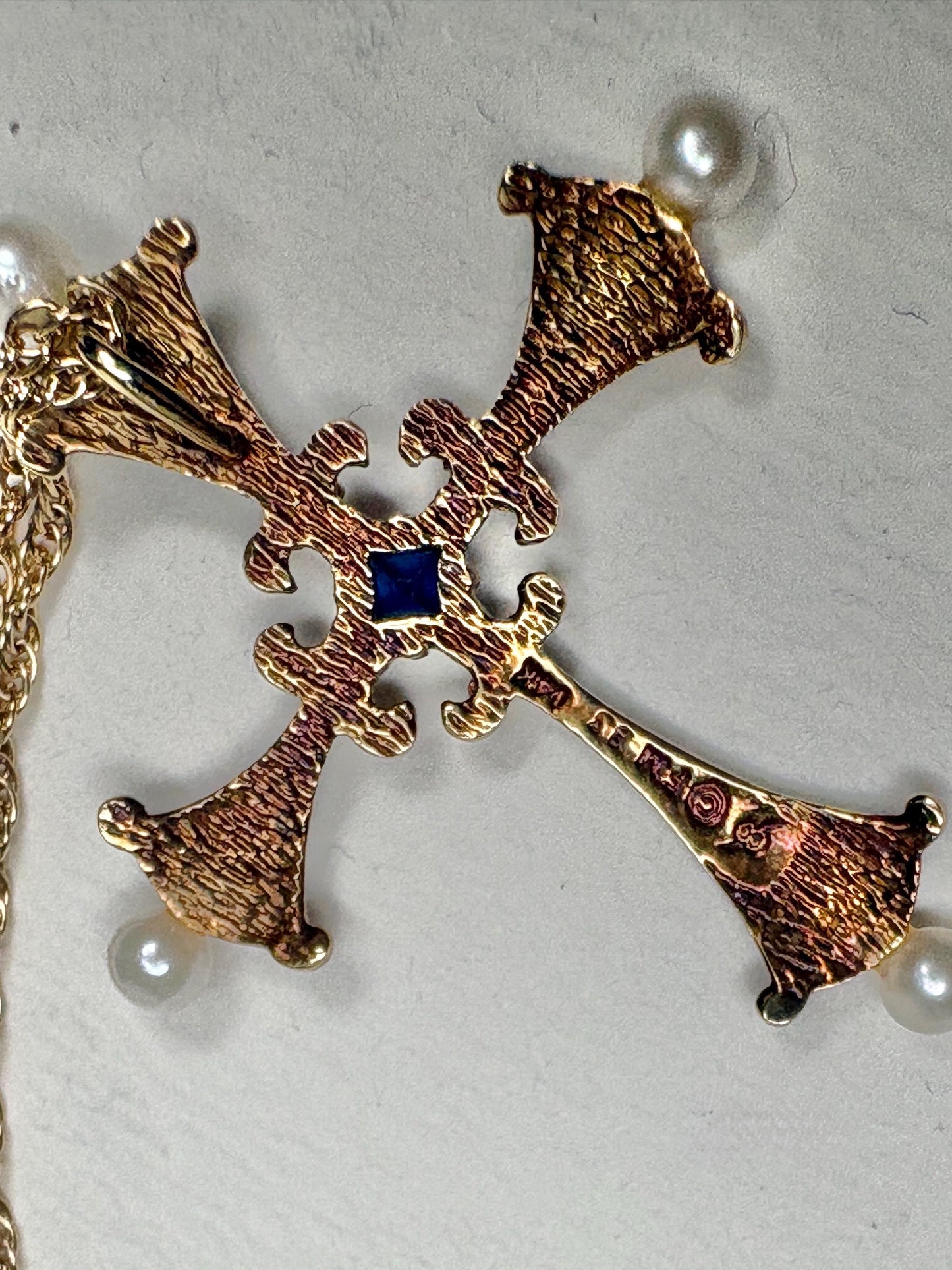 Blue House of Igor Carl Faberge Cross Pendant Necklace Akoya Pearl, Sapphire, Diamond, Guilloche in Solid 14k Gold 18" - NewLifeJewelryVault