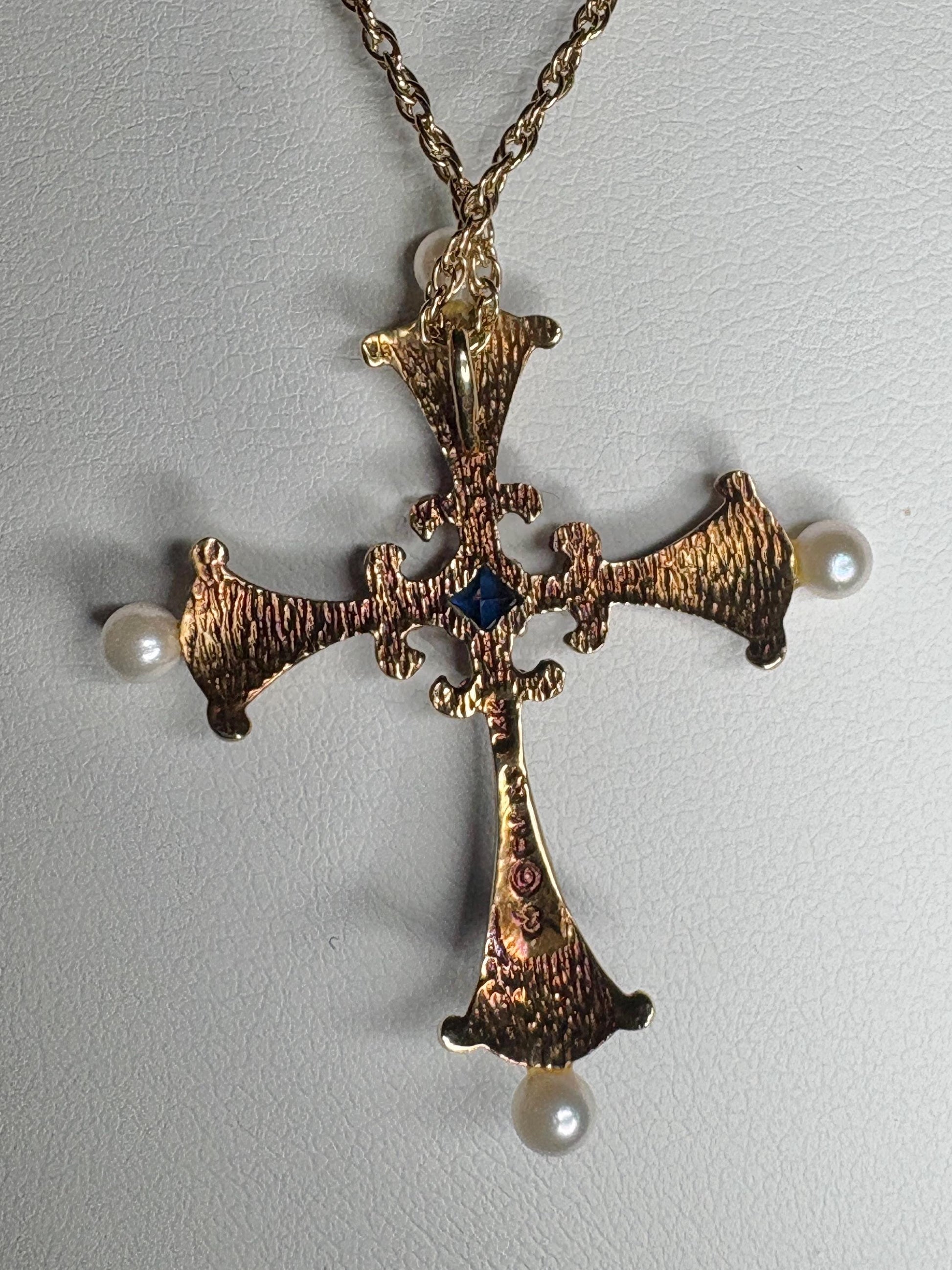 Blue House of Igor Carl Faberge Cross Pendant Necklace Akoya Pearl, Sapphire, Diamond, Guilloche in Solid 14k Gold 18" - NewLifeJewelryVault